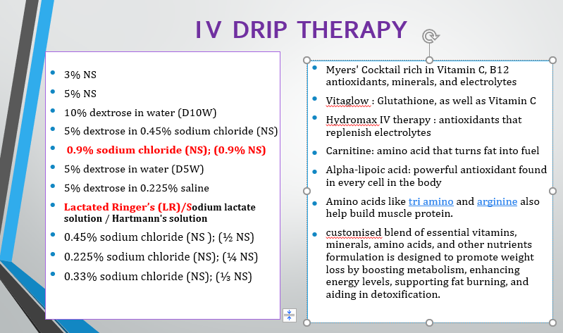 I V DRIP THERAPY : OTHER THAN MEDICAL USES by Mrs.Asha Latha.S ,SEA COLLEGE OF NURSING % iv drip comparison I V DRIP THERAPY : OTHER THAN MEDICAL USES by Mrs.Asha Latha.S ,SEA COLLEGE OF NURSING